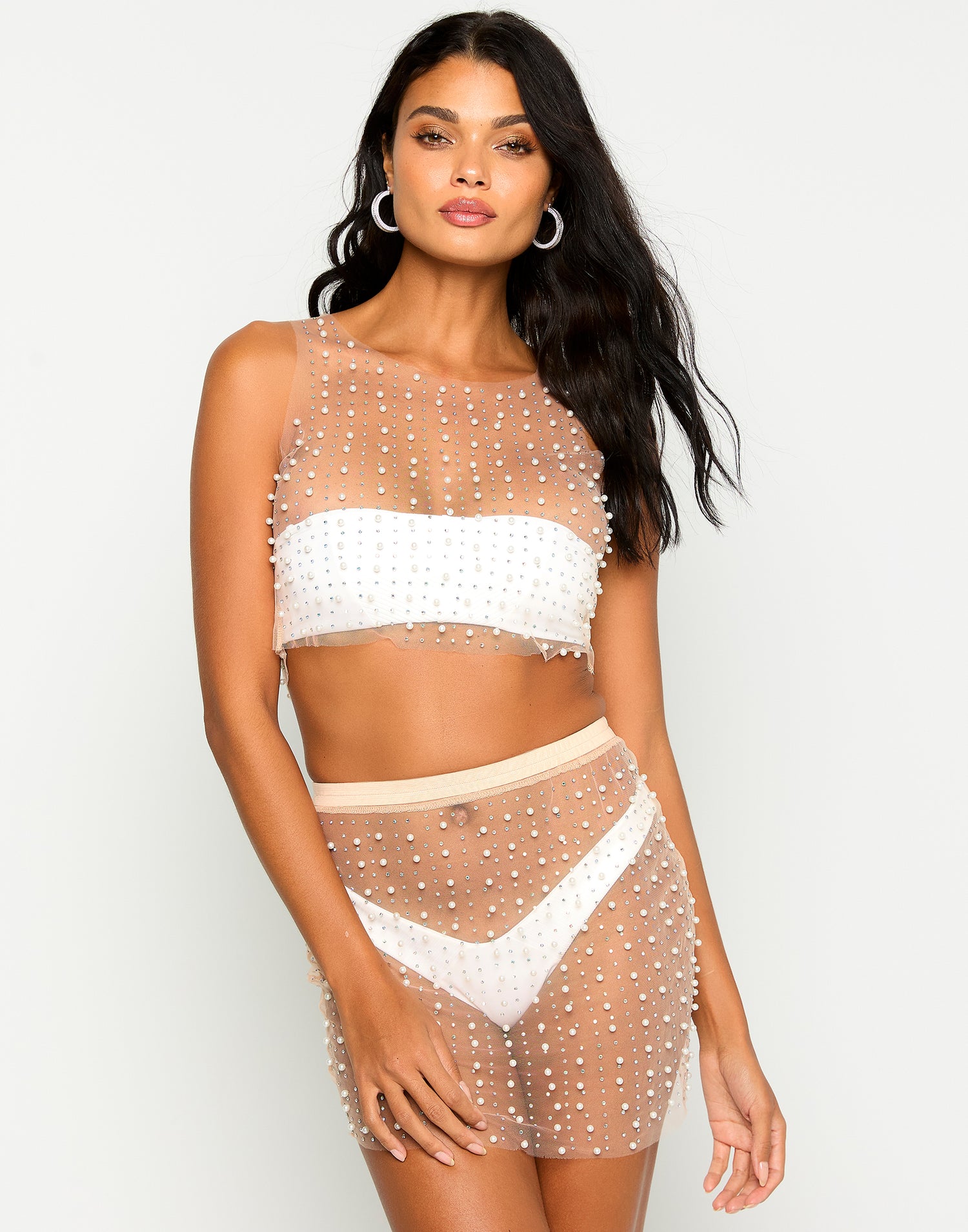 Glitzy Girl Mesh Pearl Cover Up Top & Skirt Set in Nude with Rhinestone Detail - Alternate Front View