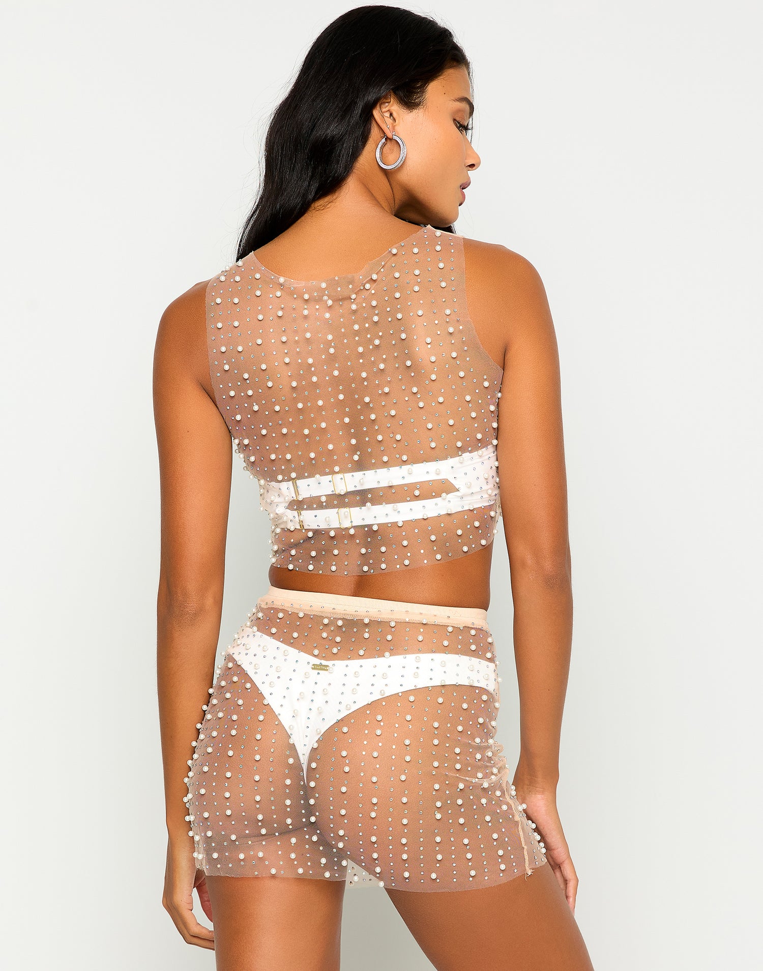 Glitzy Girl Mesh Pearl Cover Up Top & Skirt Set in Nude with Rhinestone Detail - Alternate Back View