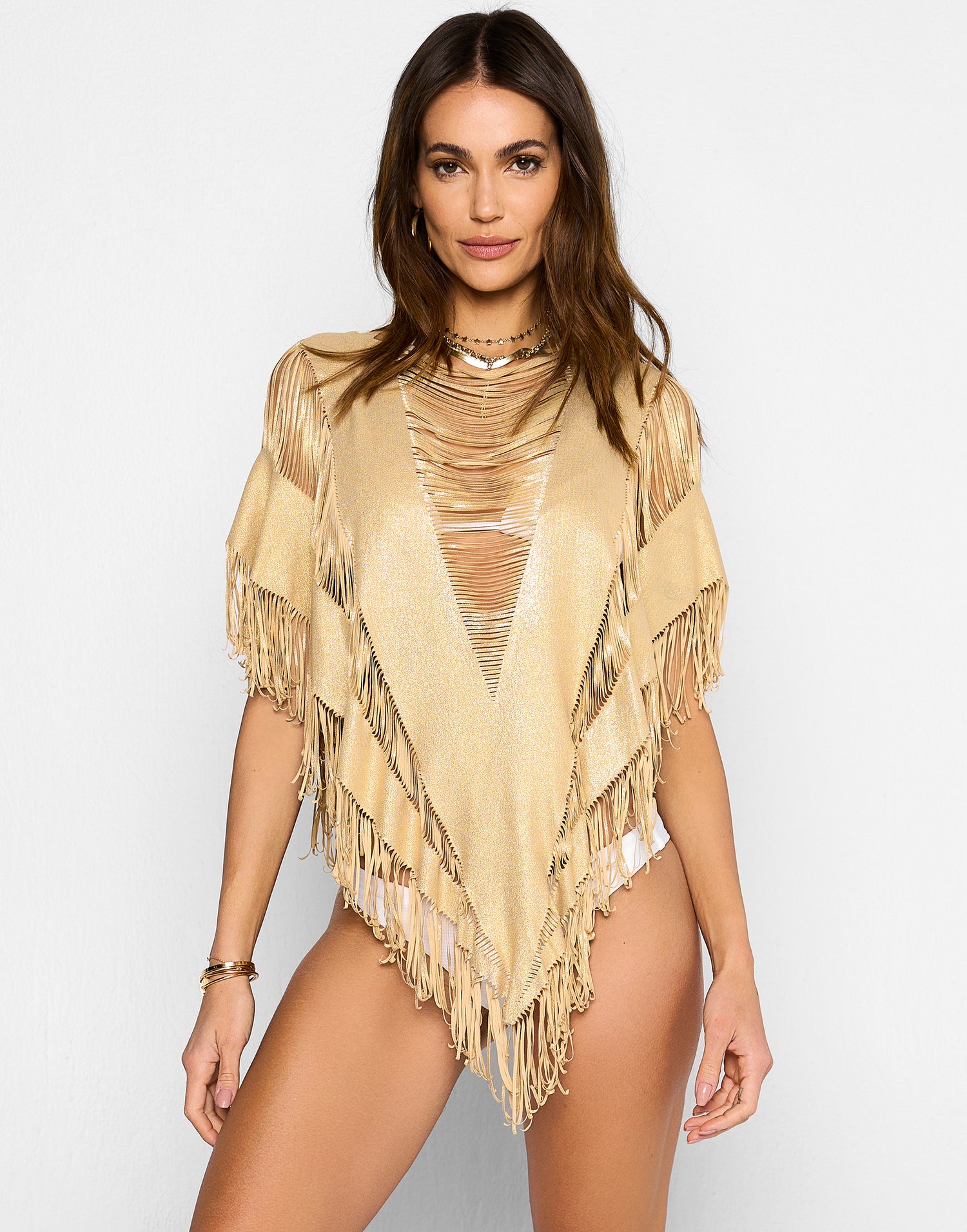 Haute Summer Sexy Poncho Bikini Cover Up in Gold with Fringe Detail - Front View