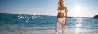 Lacey Looks - Model is wearing the Evie Bralette Top + Monique Booty Pant in White