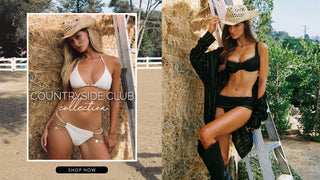 Models in a black and white bikini standing near hay. Shop the Countryside Club collection. 