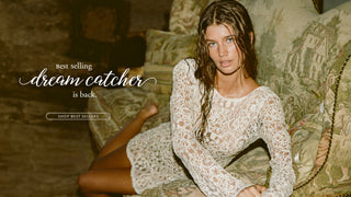 Model wearing an ivory crochet dress. Shop best sellers. 