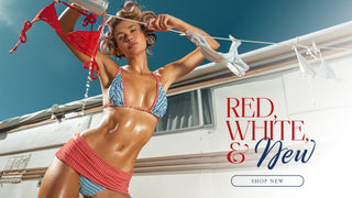 Woman in a bikini and red shorts standing on a rooftop with text 'Red, White, & New' and 'Shop New'.
