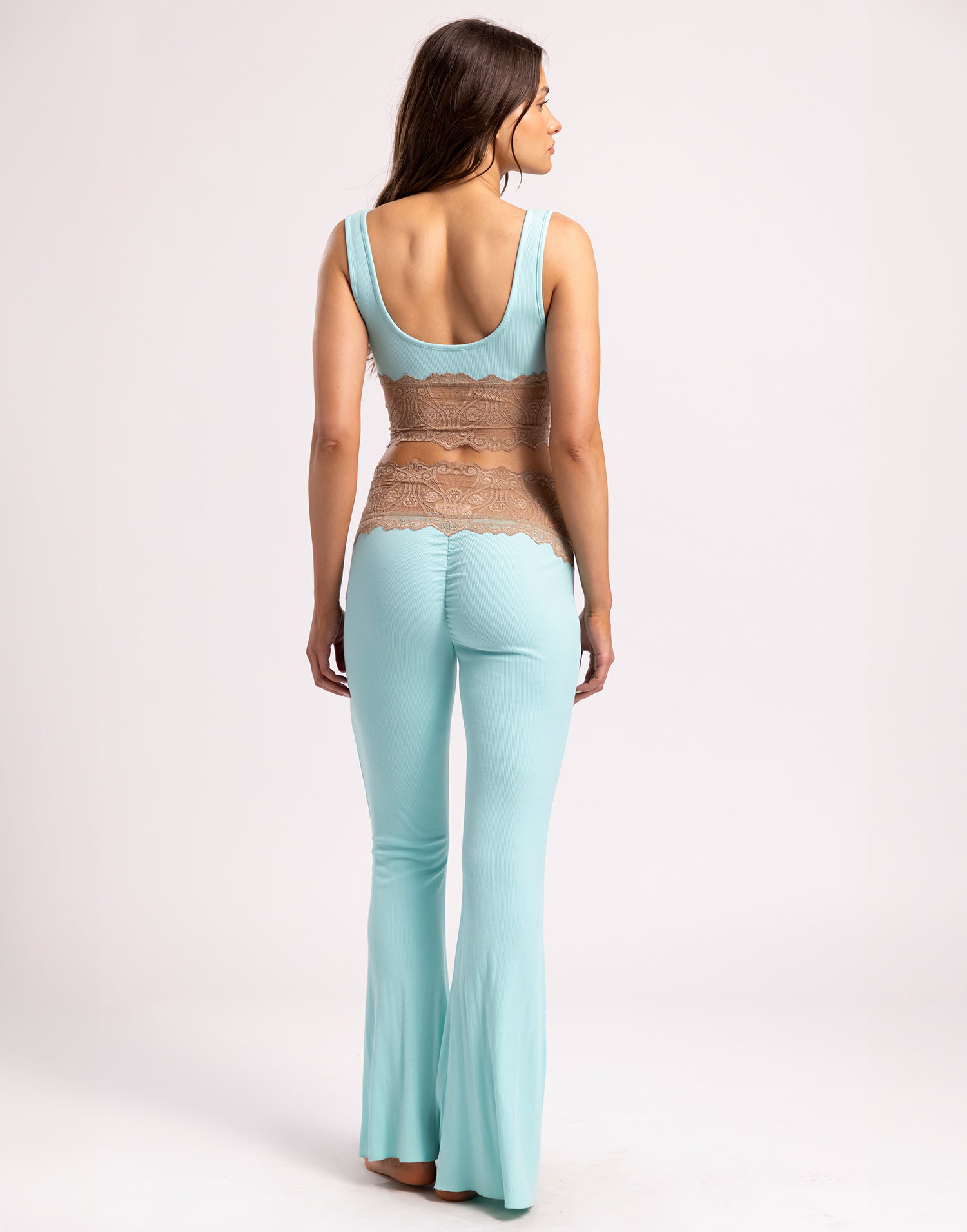 Anise Lounge Pant in Aqua with Delicate Lace Trim - Back View