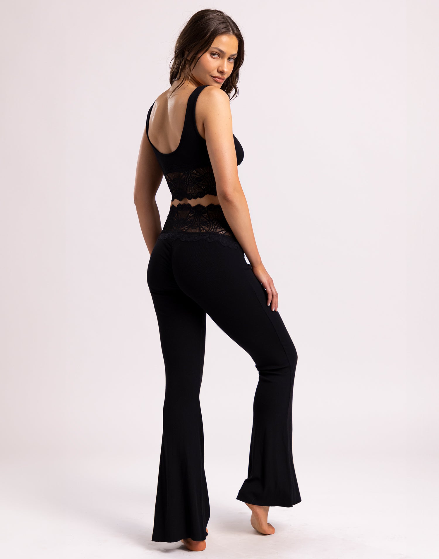 Anise Lounge Pant in Black with Delicate Lace Trim - Back View