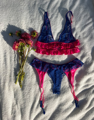 Ariana Lingerie Bra in Cobalt Barbie with Delicate Lace & Ruffle Details - Product Flatlay View