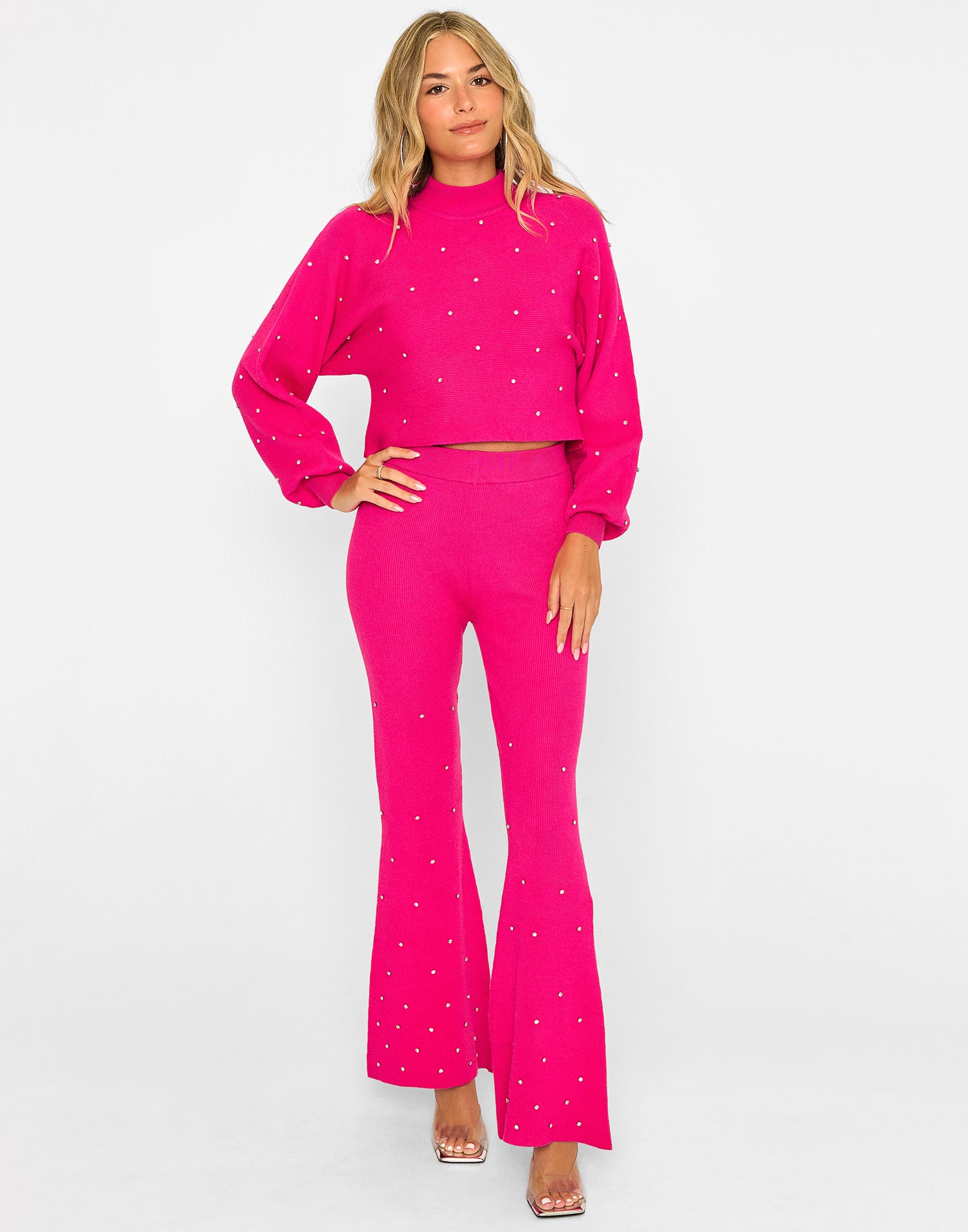 Ariana Lounge Knit Pant in Barbie with Rhinestone Details - Front View