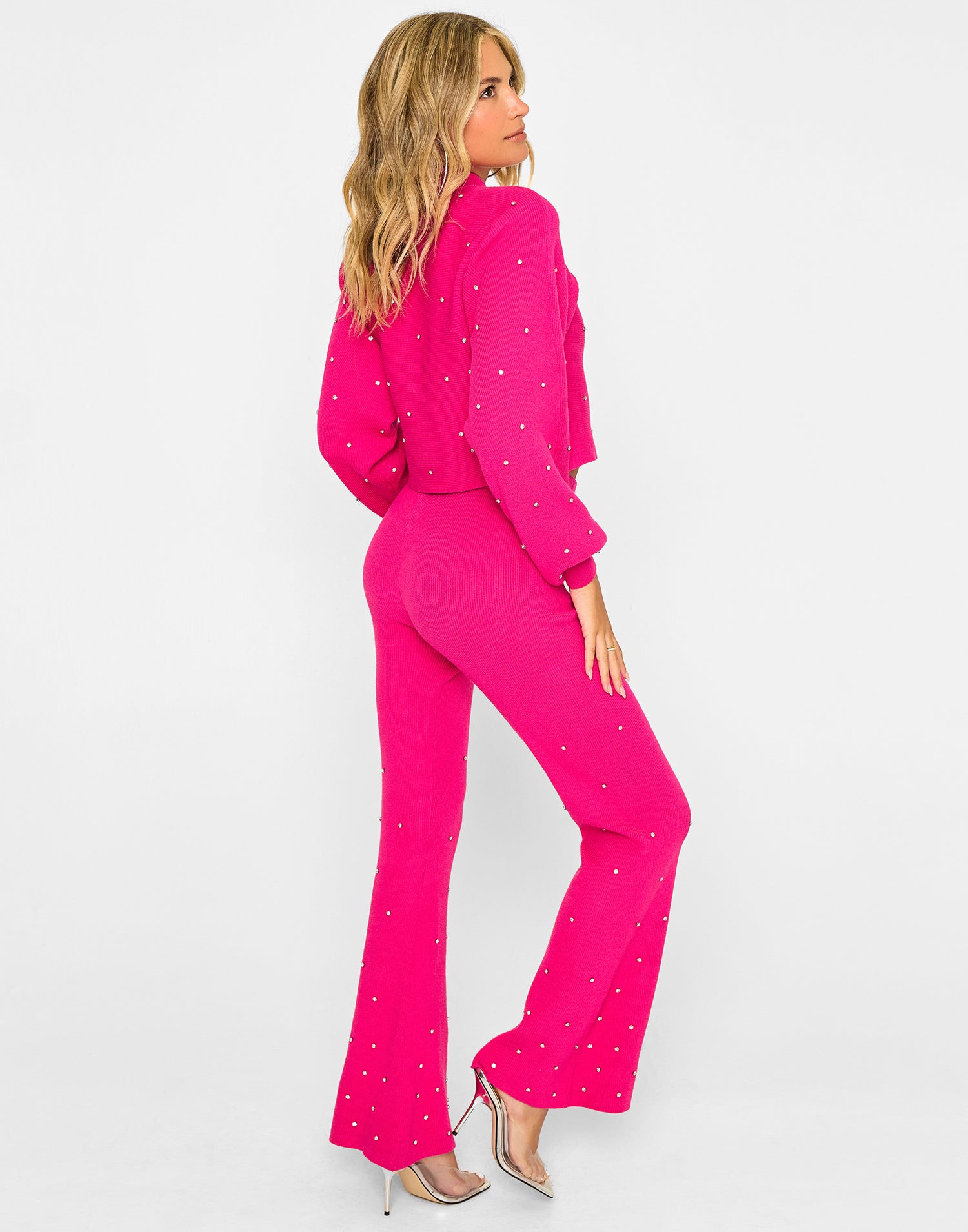 Ariana Lounge Knit Pant in Barbie with Rhinestone Details - Back View
