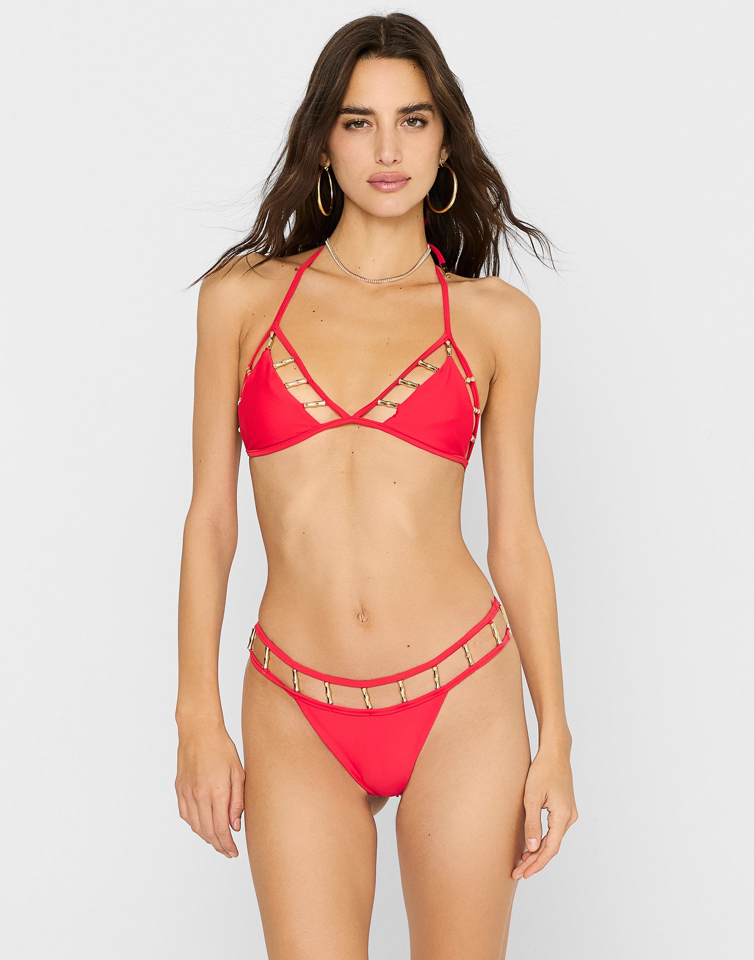 Billie Triangle Bikini Top in Red with Gold Bamboo Hardware & Strappy Details - Front View