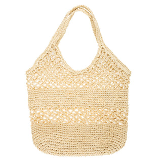 Tan crochet tote bag. 