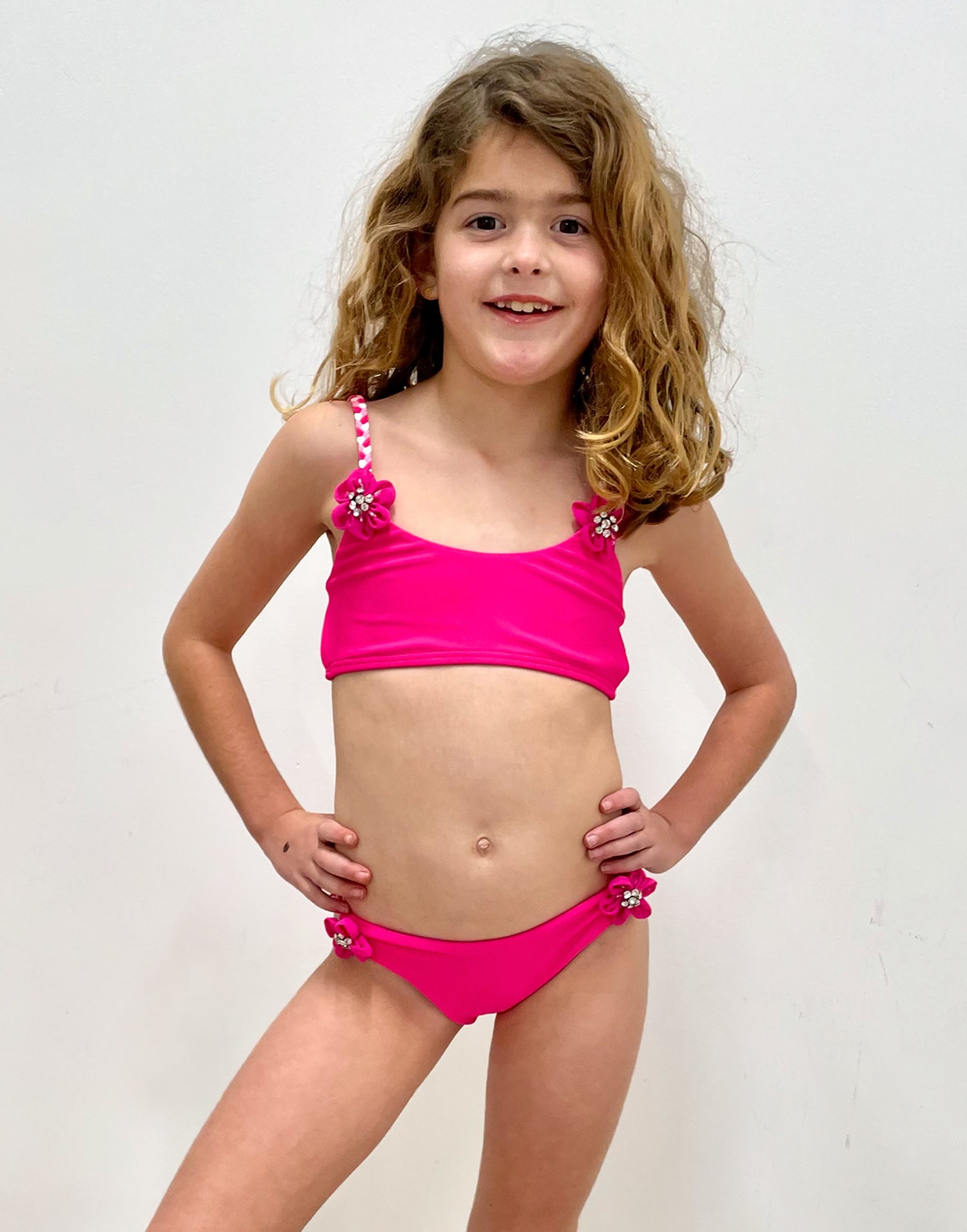 Delilah Kids Swim Set in Influencer Pink with Flower Trims with Crystals - Front View