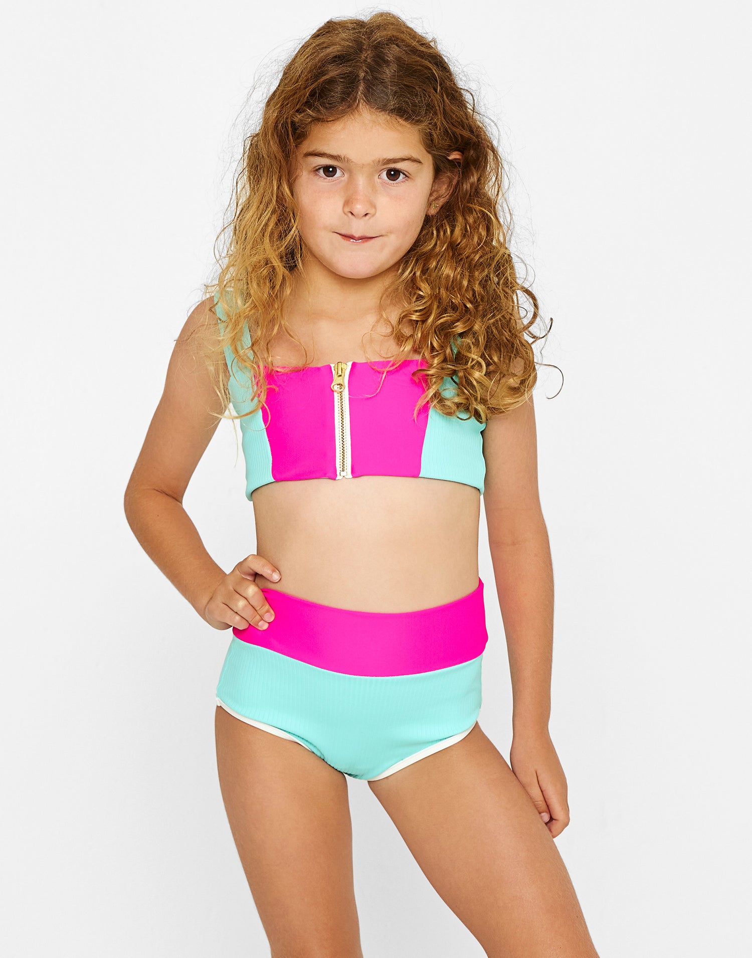 Della Kids Swim Set in Aqua/Pink/Green - Front View