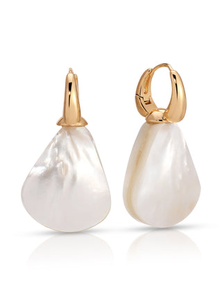Gold hoop earrings with white teardrop-shaped pearls on a white background