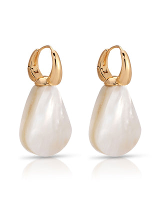 Gold hoop earrings with white teardrop-shaped pendants on a white background