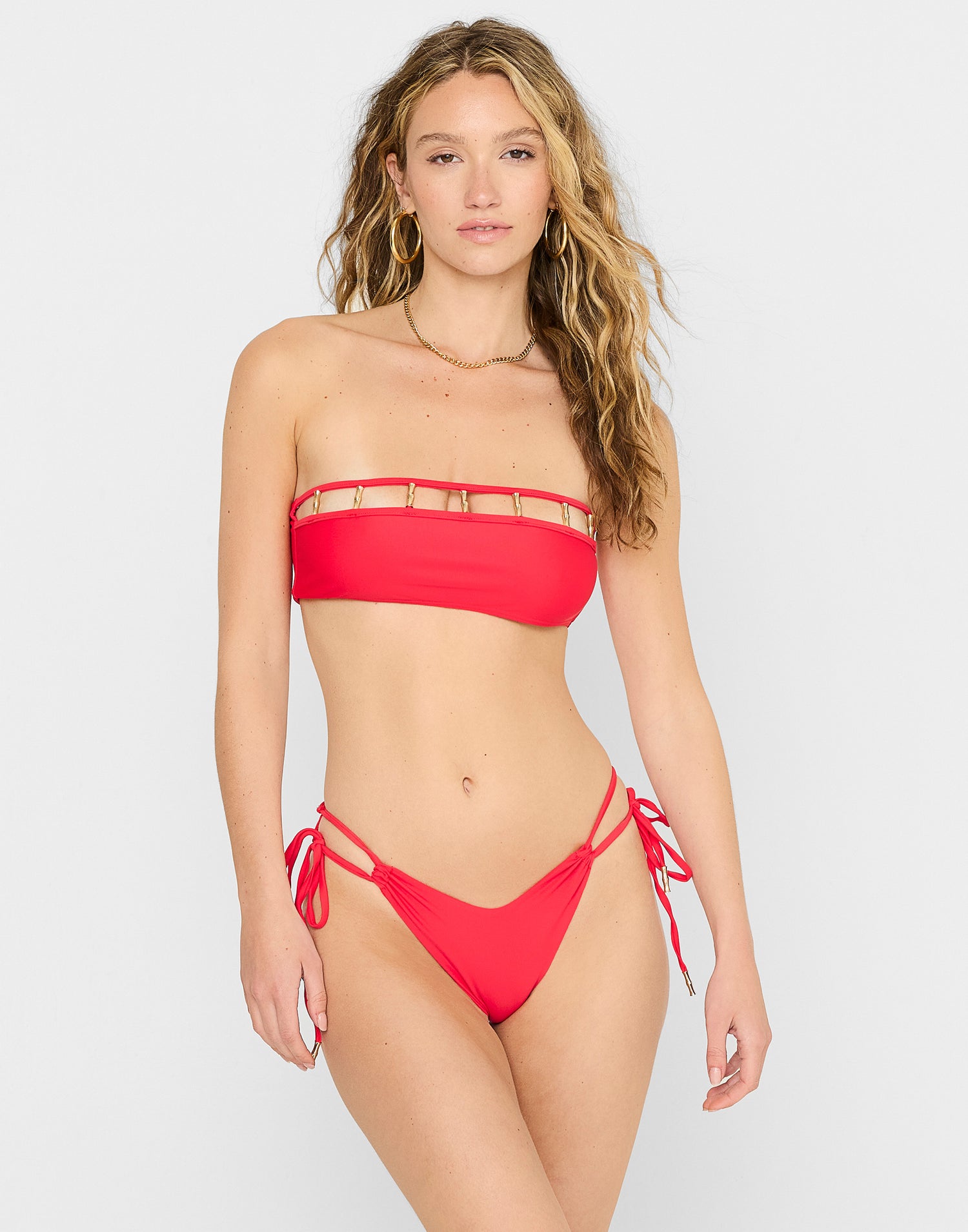Emmie Tie Side Full Coverage Bikini Bottom in Red with Strappy Details - Front View
