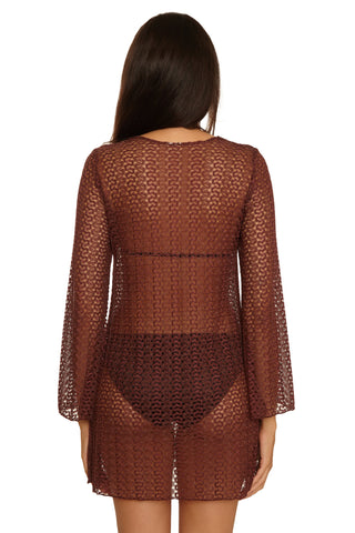 Brown sheer dress worn by a model on a white background