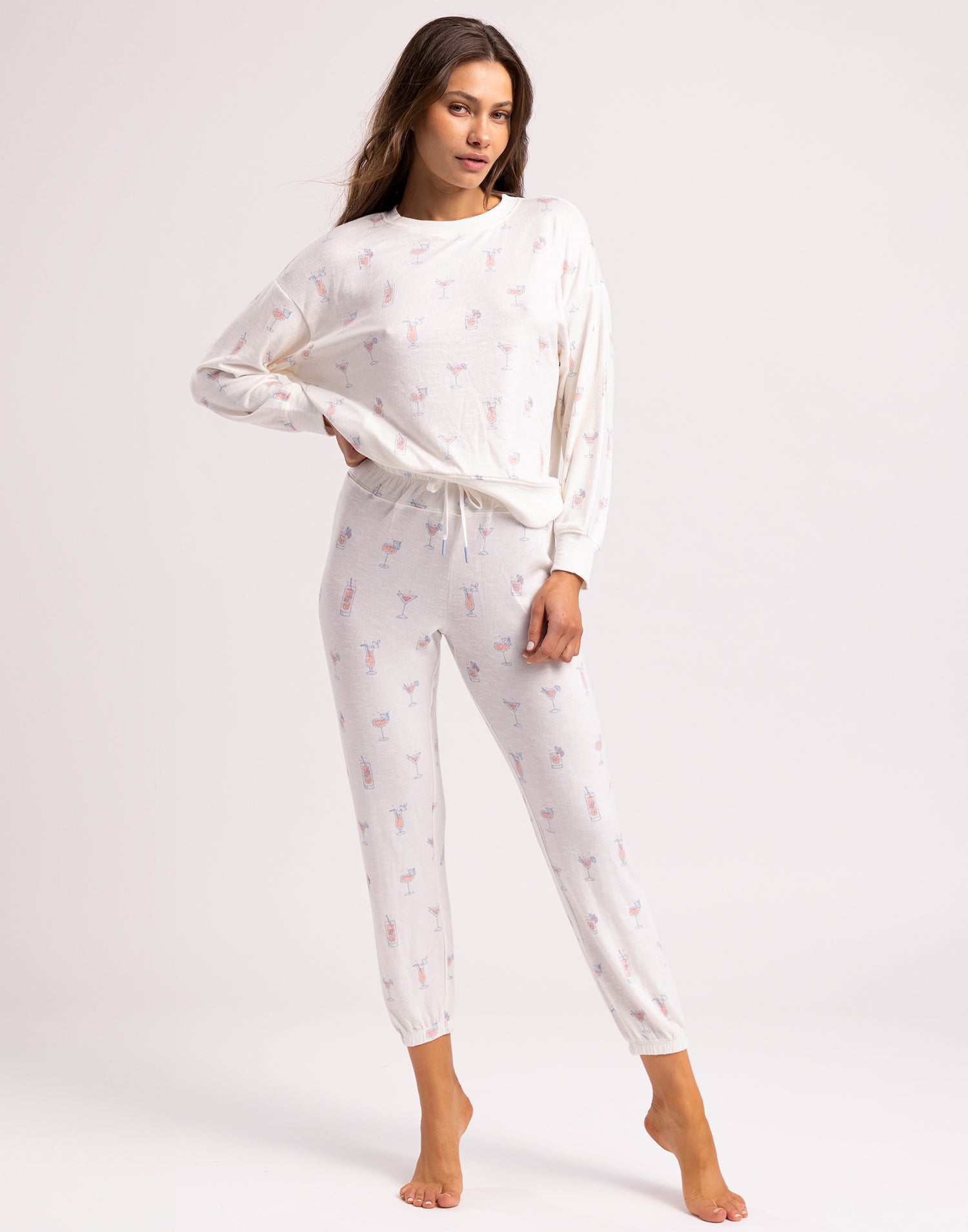 Happy Hour Cocktails Long Sleeve Lounge Top by Z Supply in Cloud Dancer - Front View