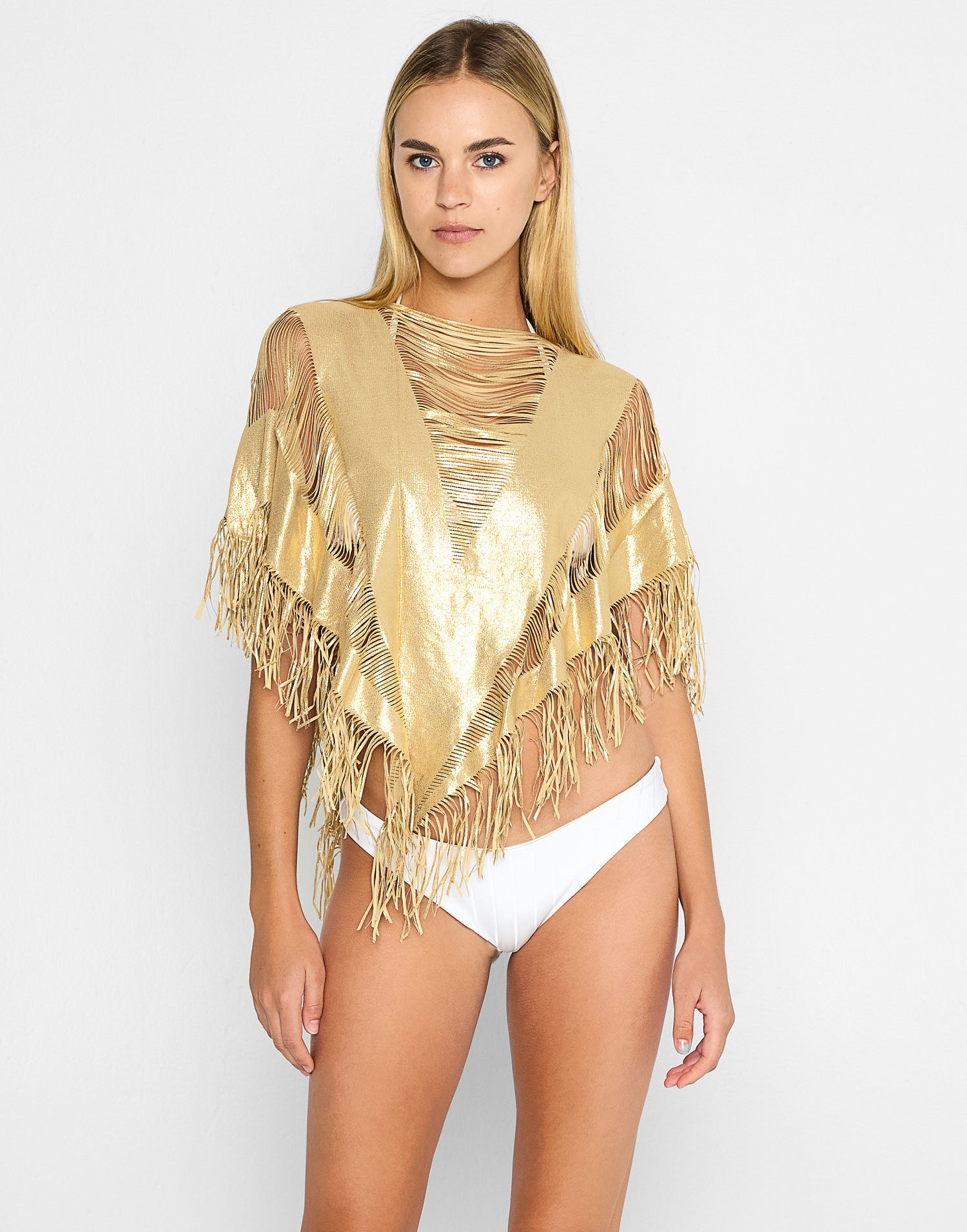 Haute Summer Sexy Poncho Bikini Cover Up in Gold with Fringe Detail - Front View
