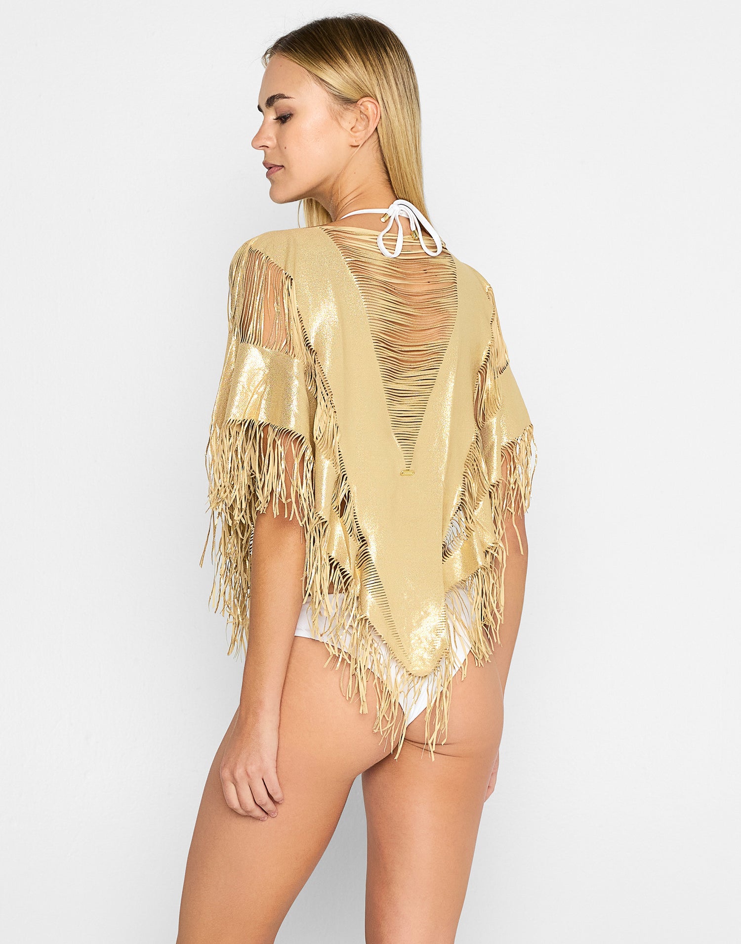 Haute Summer Sexy Poncho Bikini Cover Up in Gold with Fringe Detail - Back View