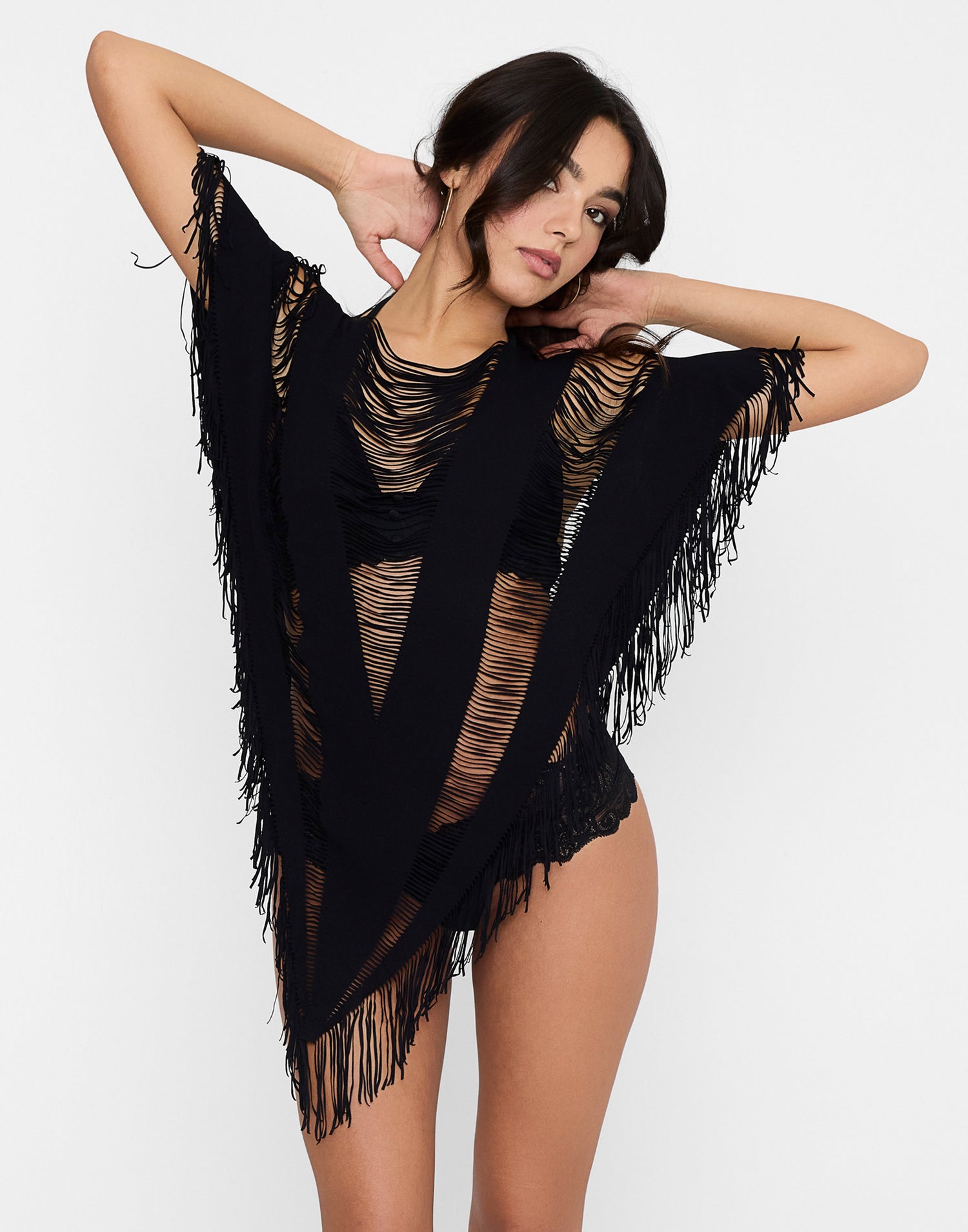 Haute Summer Sexy Poncho Bikini Cover Up in Black with Fringe Detail - Alternate Front View