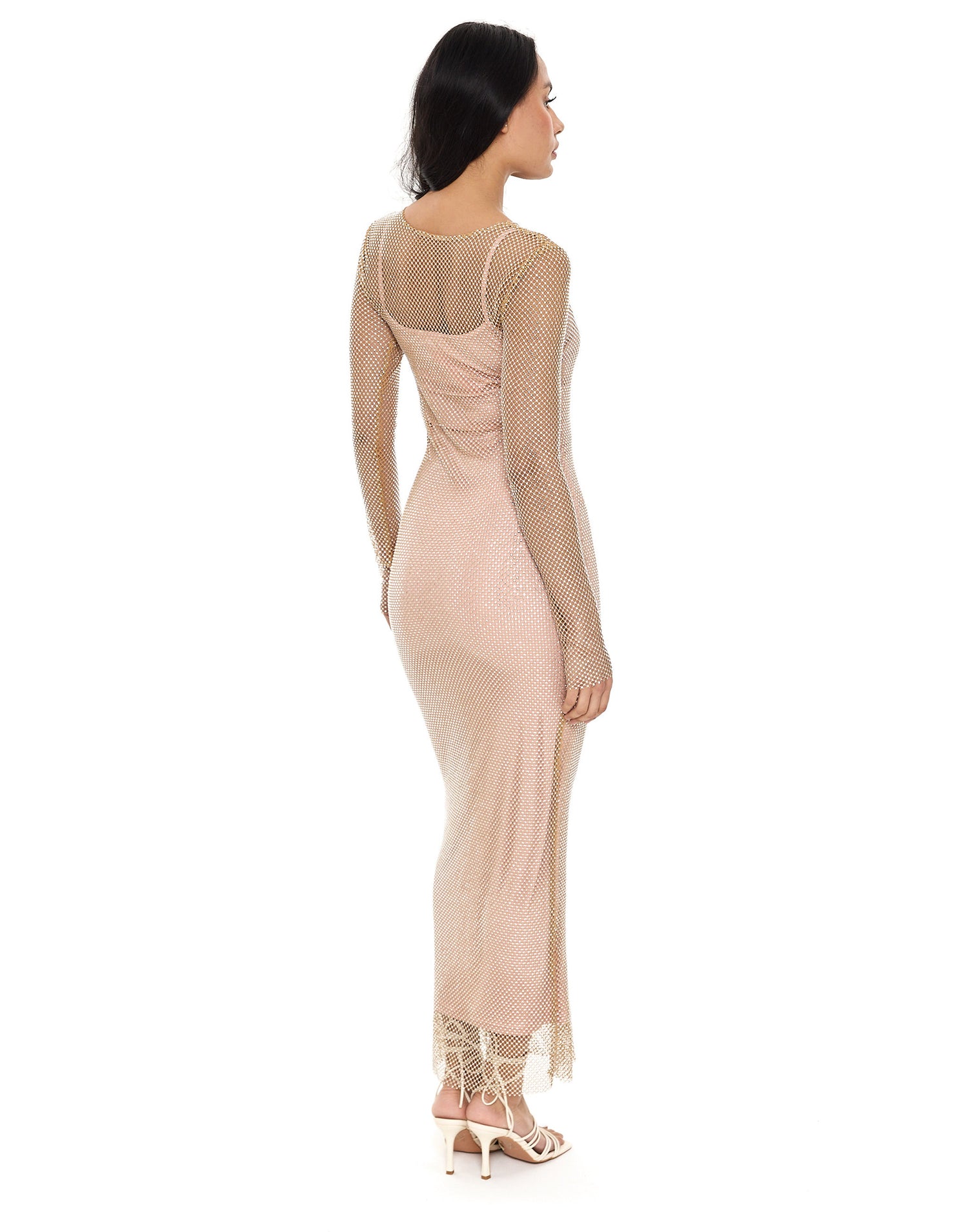 Diamante Long Sleeve Maxi Dress in Cream
