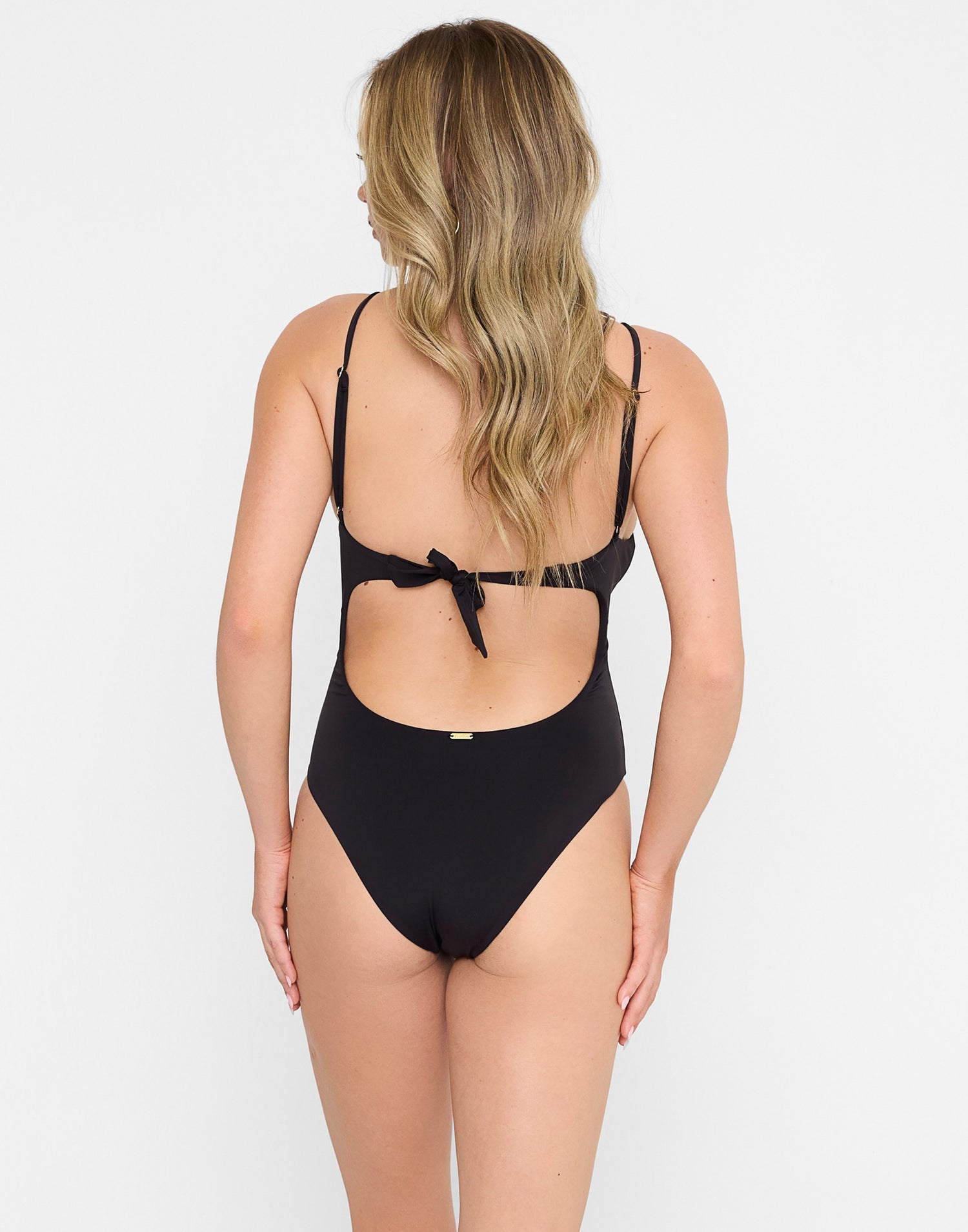 Katrina Full Coverage One Piece Swimsuit in Black with Gold Hammered Ring Hardware - Alternate Back View