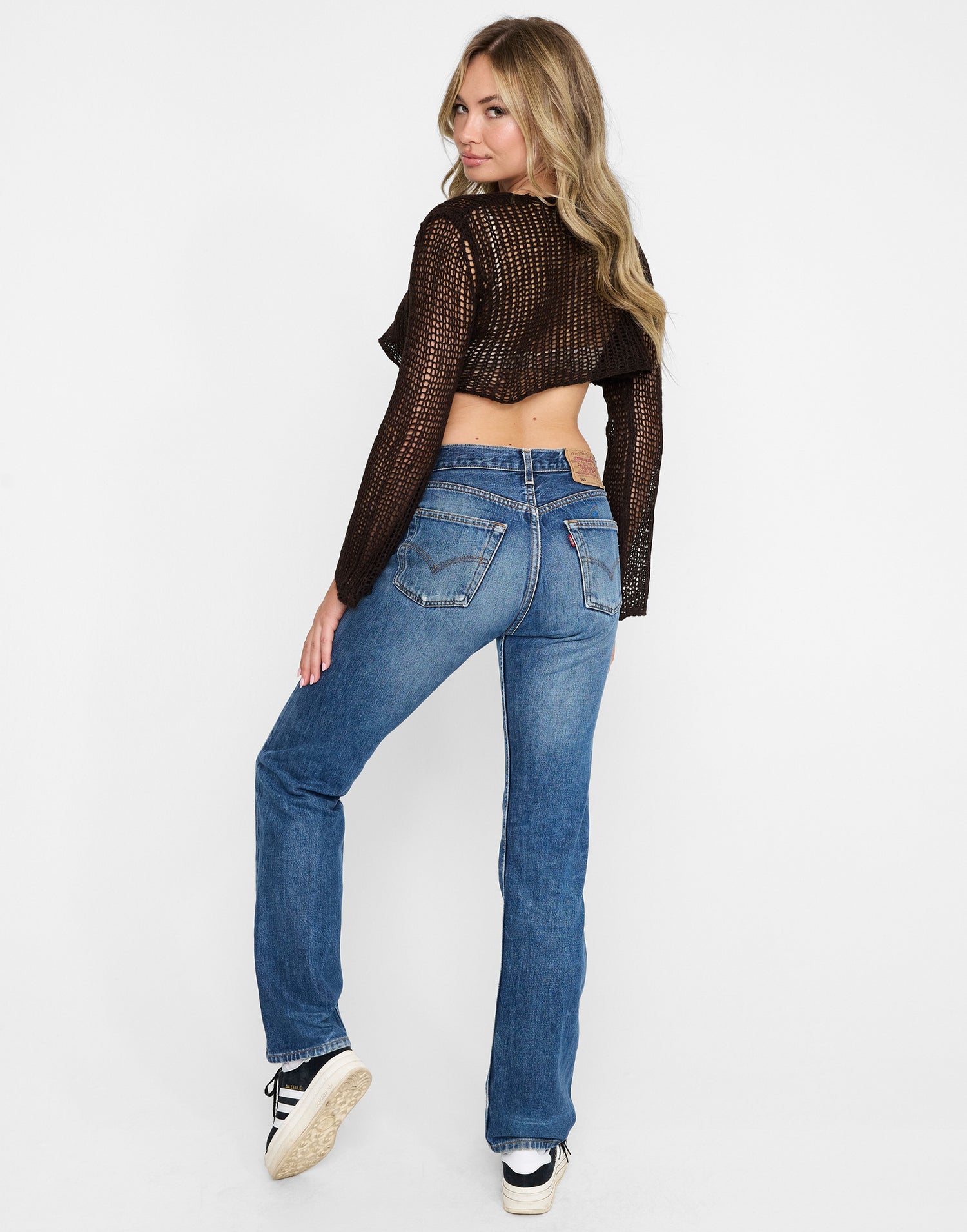 Kennedy Crochet Cropped Sweater by Summer Haus in Brown - Back View