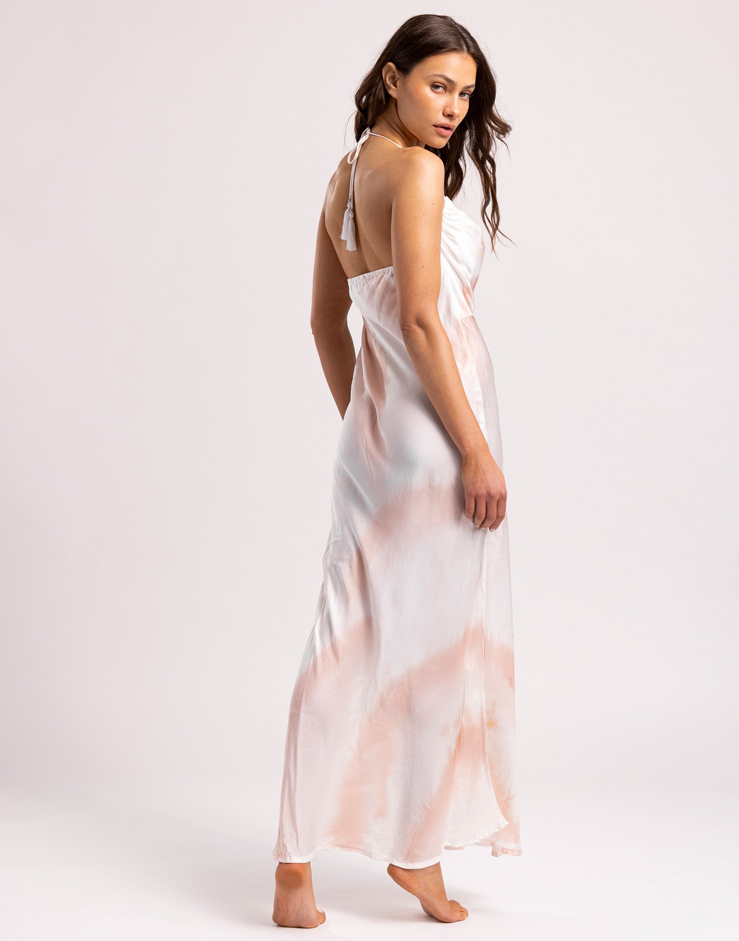 Luna Silk Maxi Dress by Tiare Hawaii in Cream Mauve Airbrush - Back View