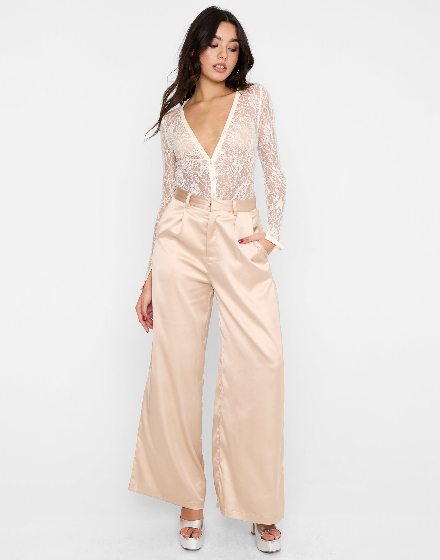 Hadley Satin Trouser by Summer Haus in Latte - Alternate Front View
