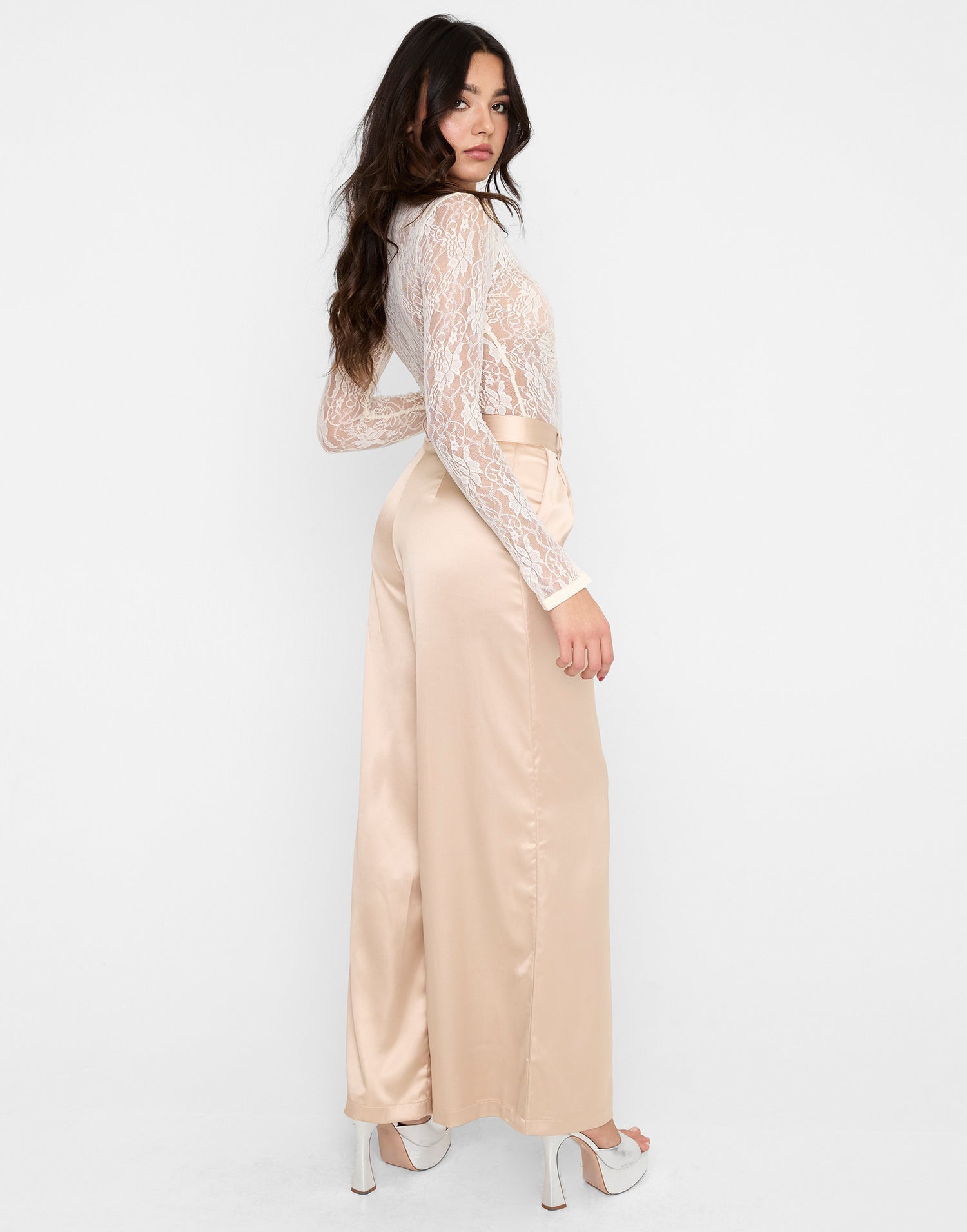 Hadley Satin Trouser by Summer Haus in Latte - Back View