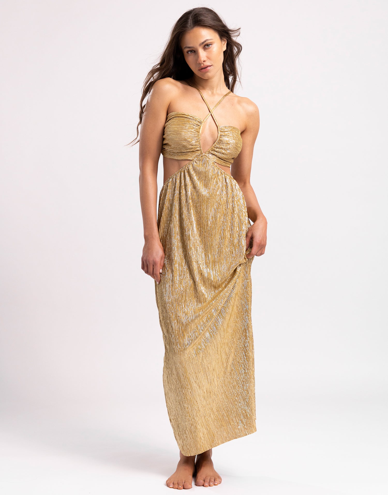 Naomi Maxi Dress by Summer Haus in Metallic Gold - Front View