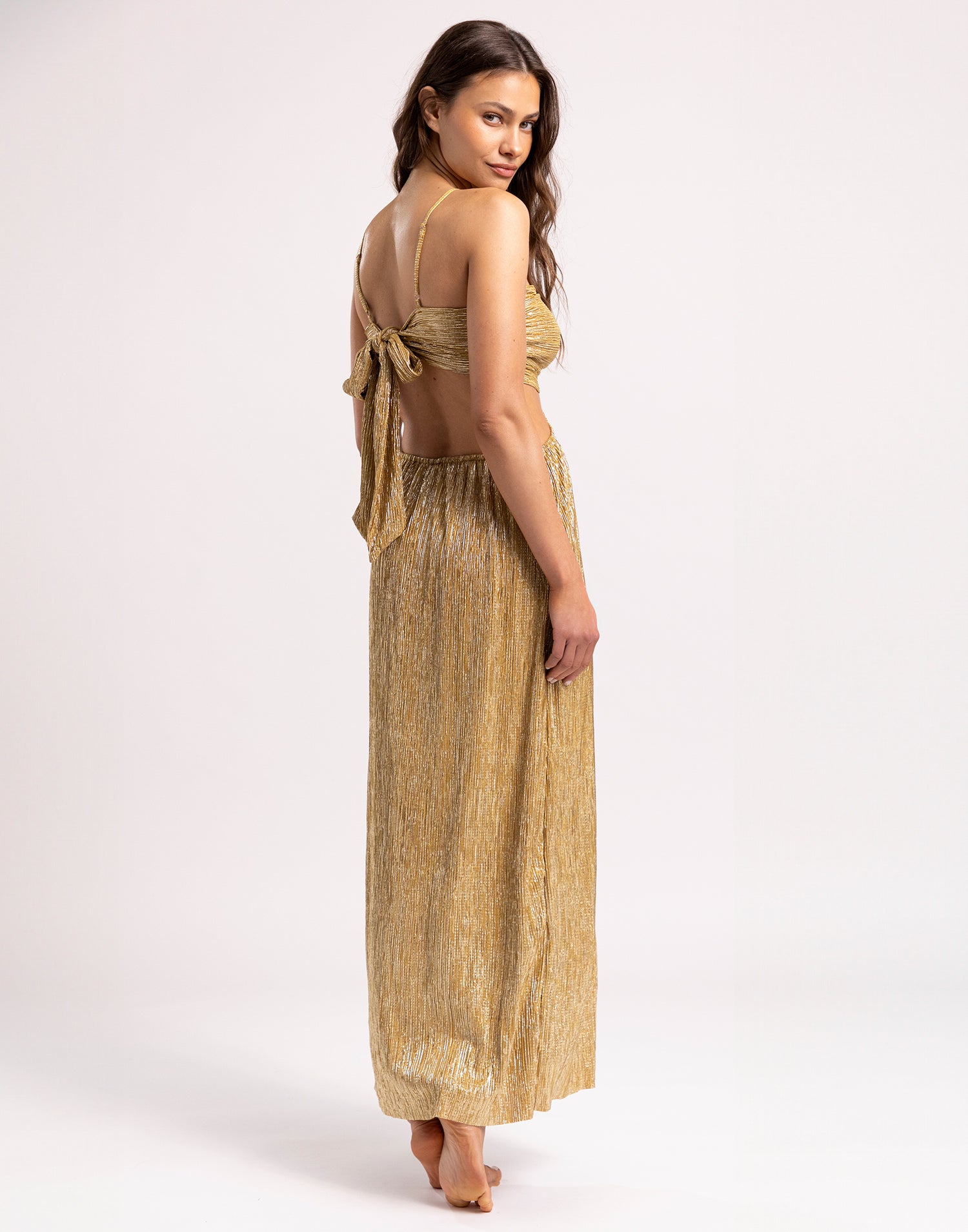 Naomi Maxi Dress by Summer Haus in Metallic Gold - Back View
