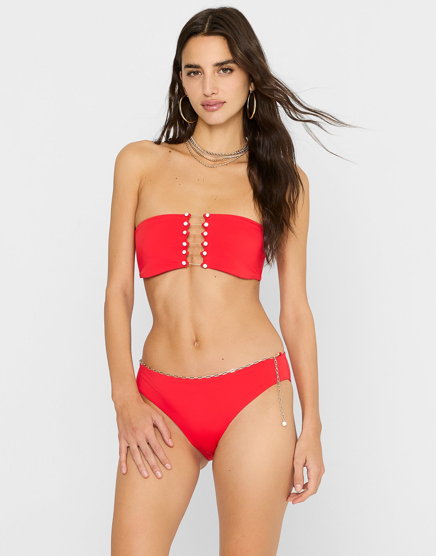 Noelani Full Coverage Bikini Bottom in Red with Removable Gold Chain Belt - Front View
