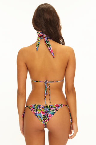 Multicolored floral bikini with a tie-back design on a white background