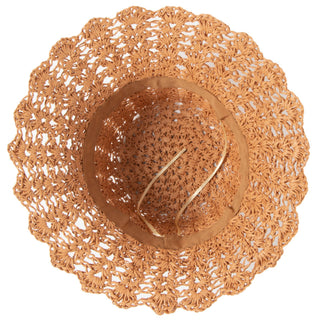 Underside of a wood tan crochet bucket hat with scalloped brim. 