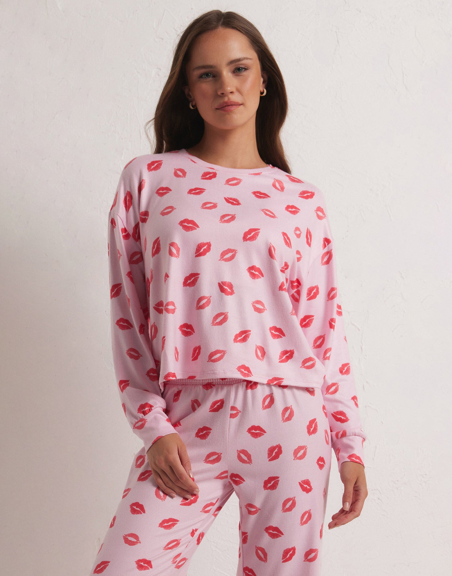 Pucker Up Kisses Long Sleeve Lounge Top by Z Supply in Cotton Candy - Front View