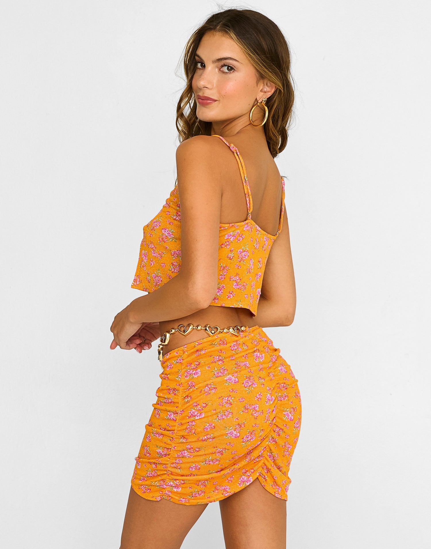 Saddie Knit Crop Top Cover Up in Orange Ditsy Floral with Gold Heart Hardware - Back View