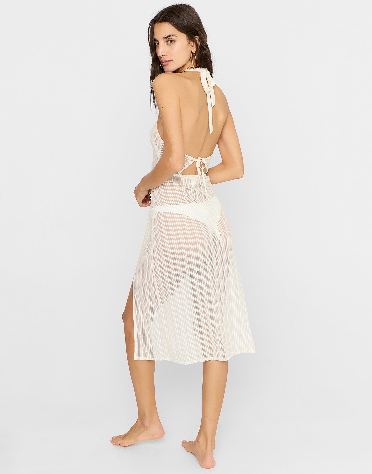 Saddie Mesh Midi Dress Cover Up in White/Gold with Gold Heart Hardware - Back View
