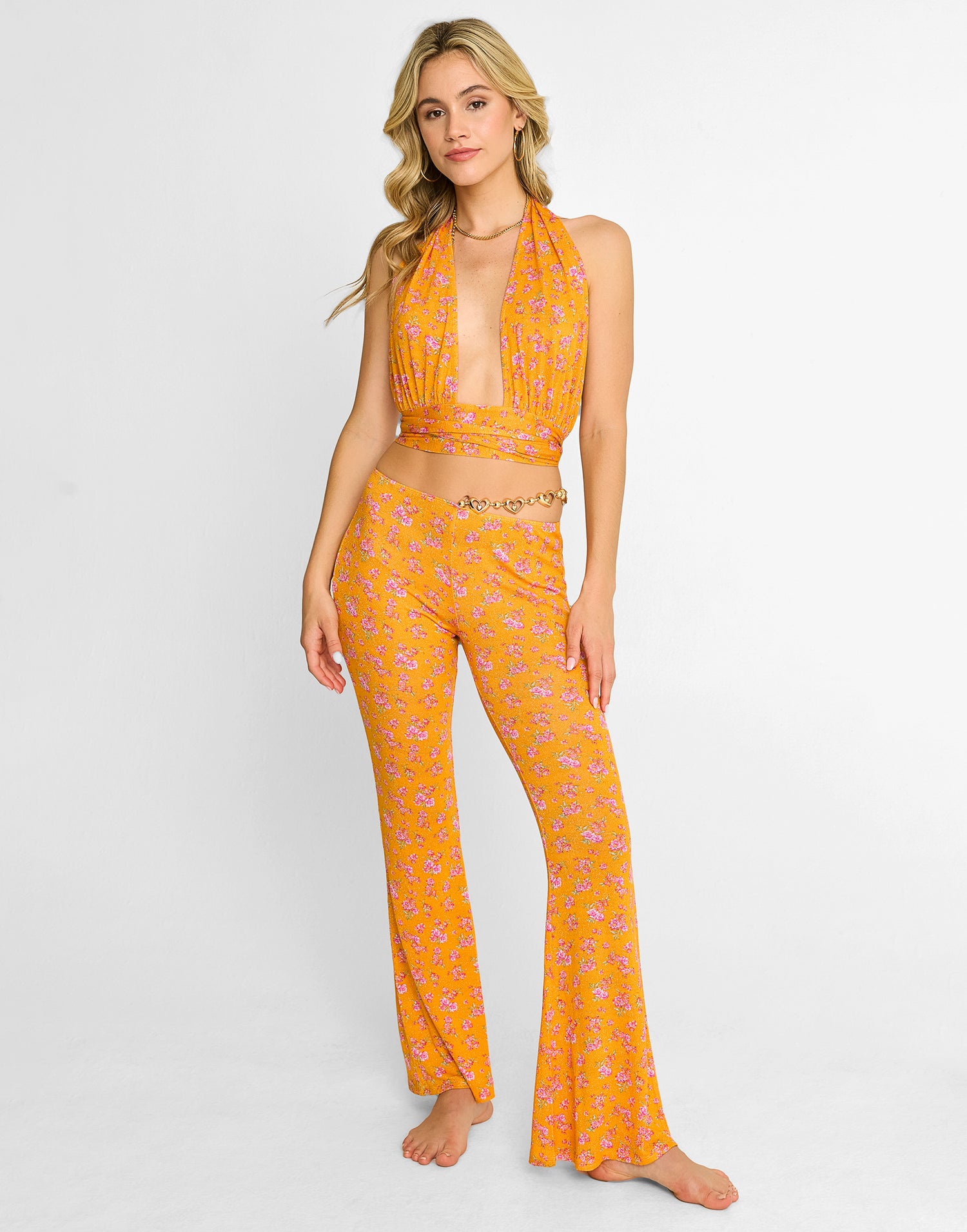 Saddie Knit Pant Cover Up in Orange Ditsy Floral with Gold Heart Hardware - Front View