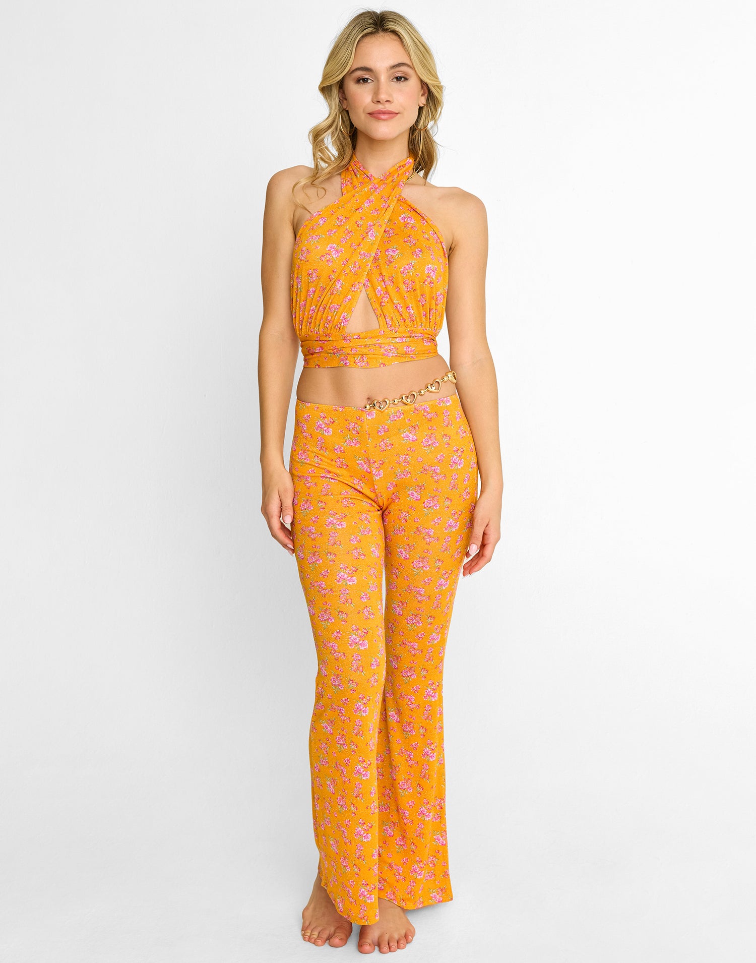 Saddie Mesh Wrap Top Cover Up in Orange Ditsy Floral - Front View