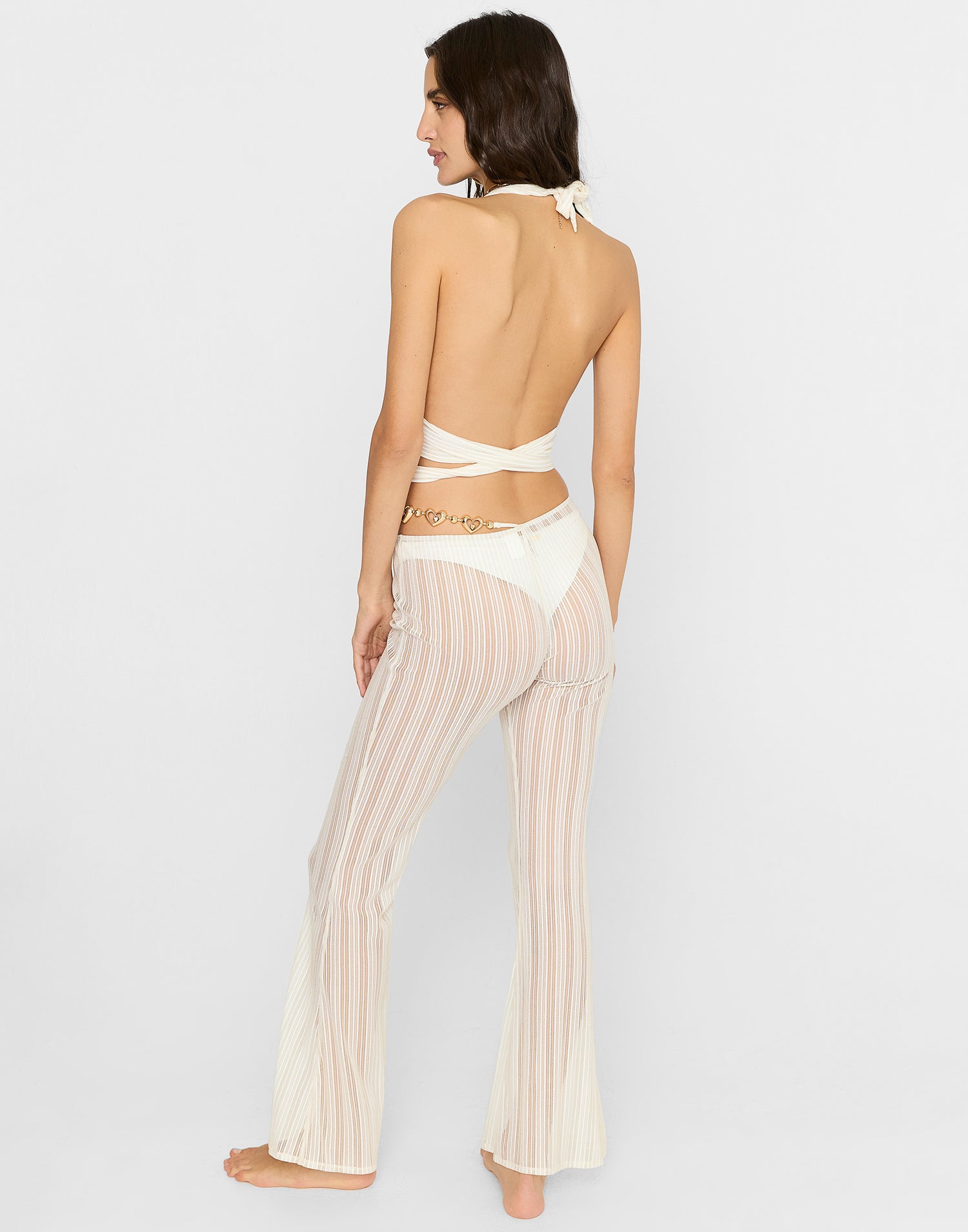 Saddie Mesh Pant Cover Up in White/Gold with Gold Heart Hardware - Back View