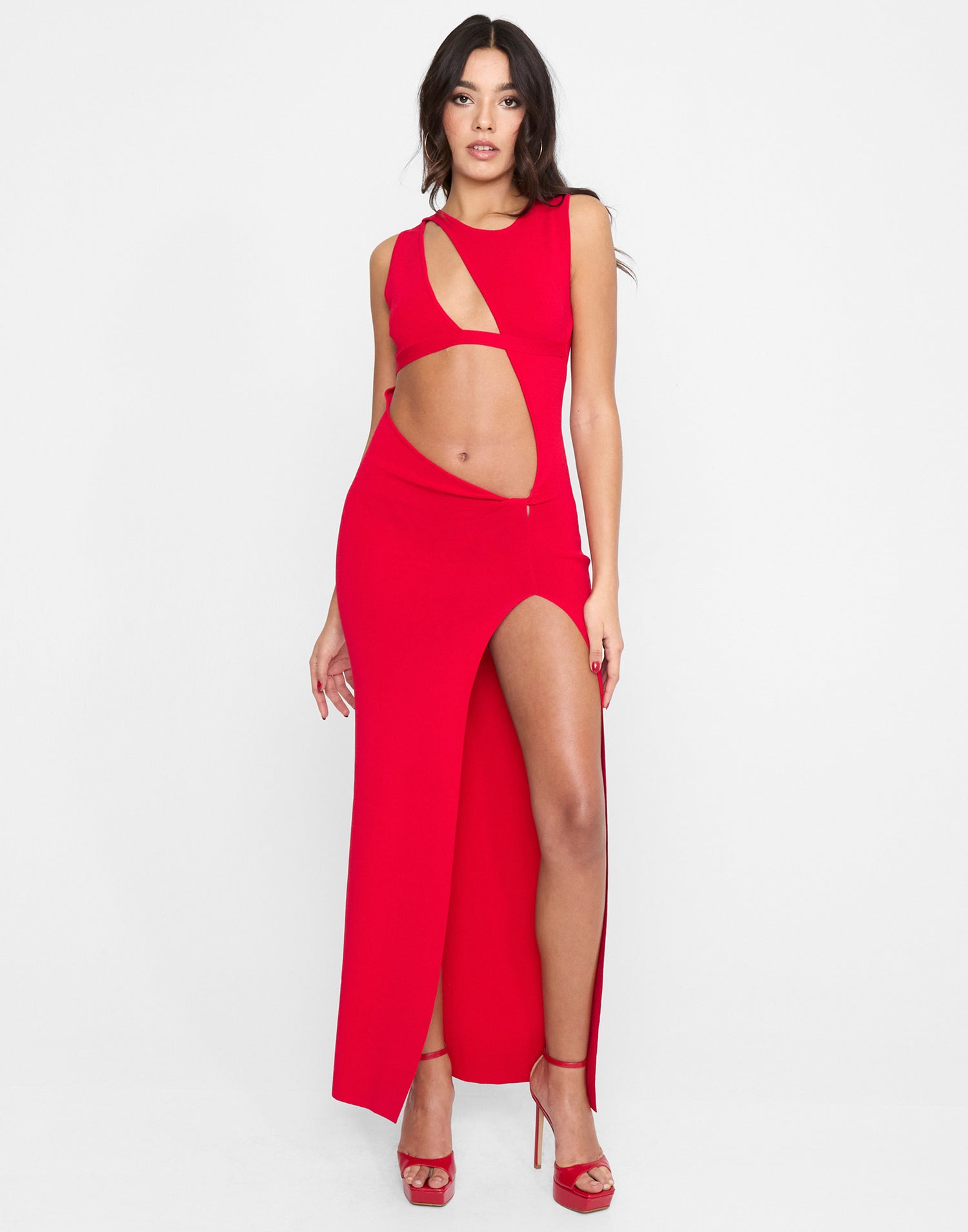 This Is It Apparel Maxi Dress by Summer Haus in Red with Sexy Cutouts & High Leg Slit - Alternate Front View