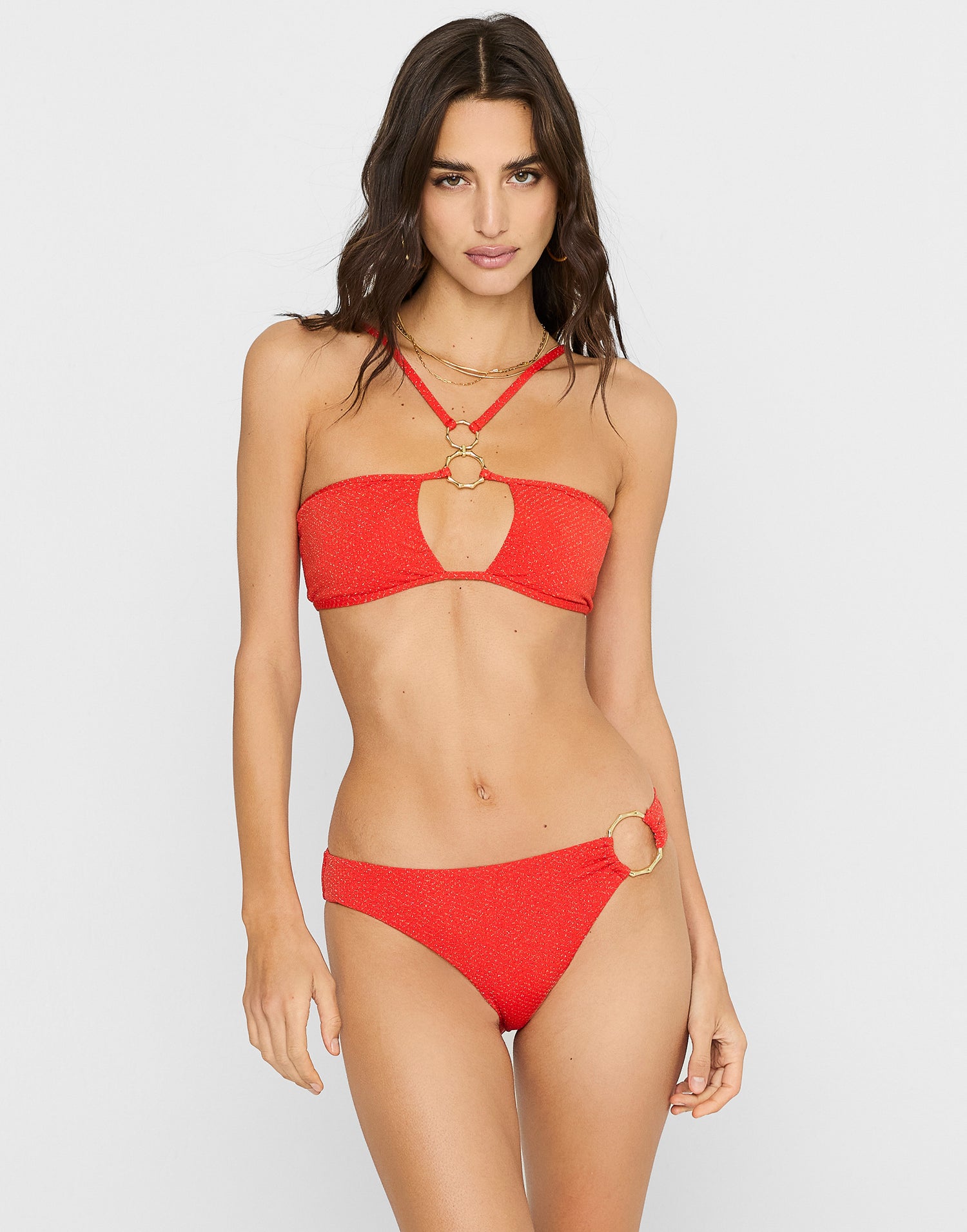 Hall Full Coverage Bikini Bottom in Red with Gold Bamboo Ring Hardware - Front View