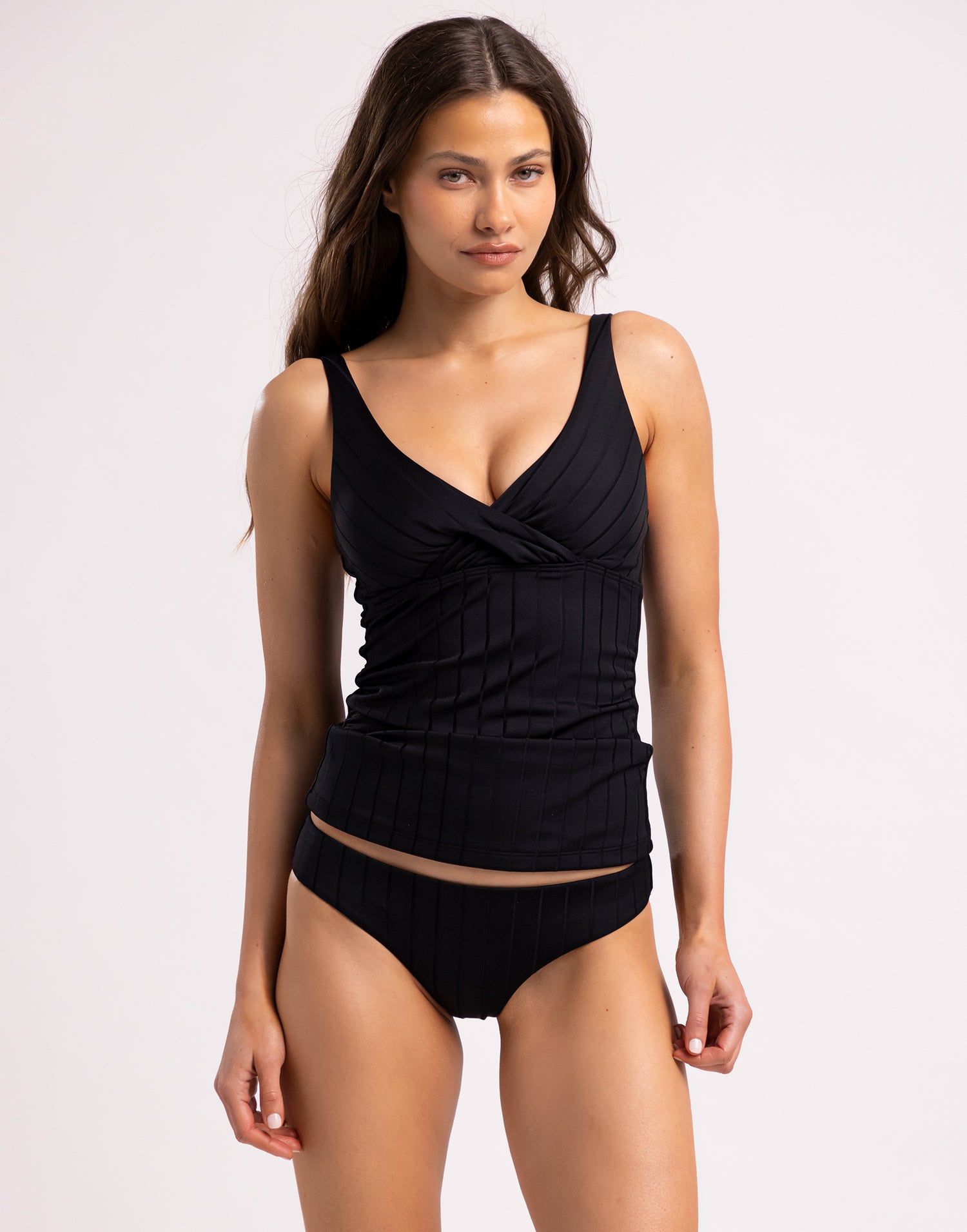 Vivian Tankini Bikini Top in Black Shiny Wide Rib - Front View