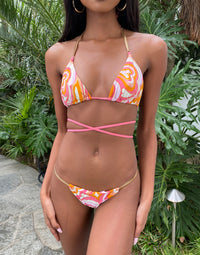 Abbie Triangle Bikini Top in Pink/Orange Multi with Gold Herringbone Hardware - Front Detail View / Spring 2022 Campaign