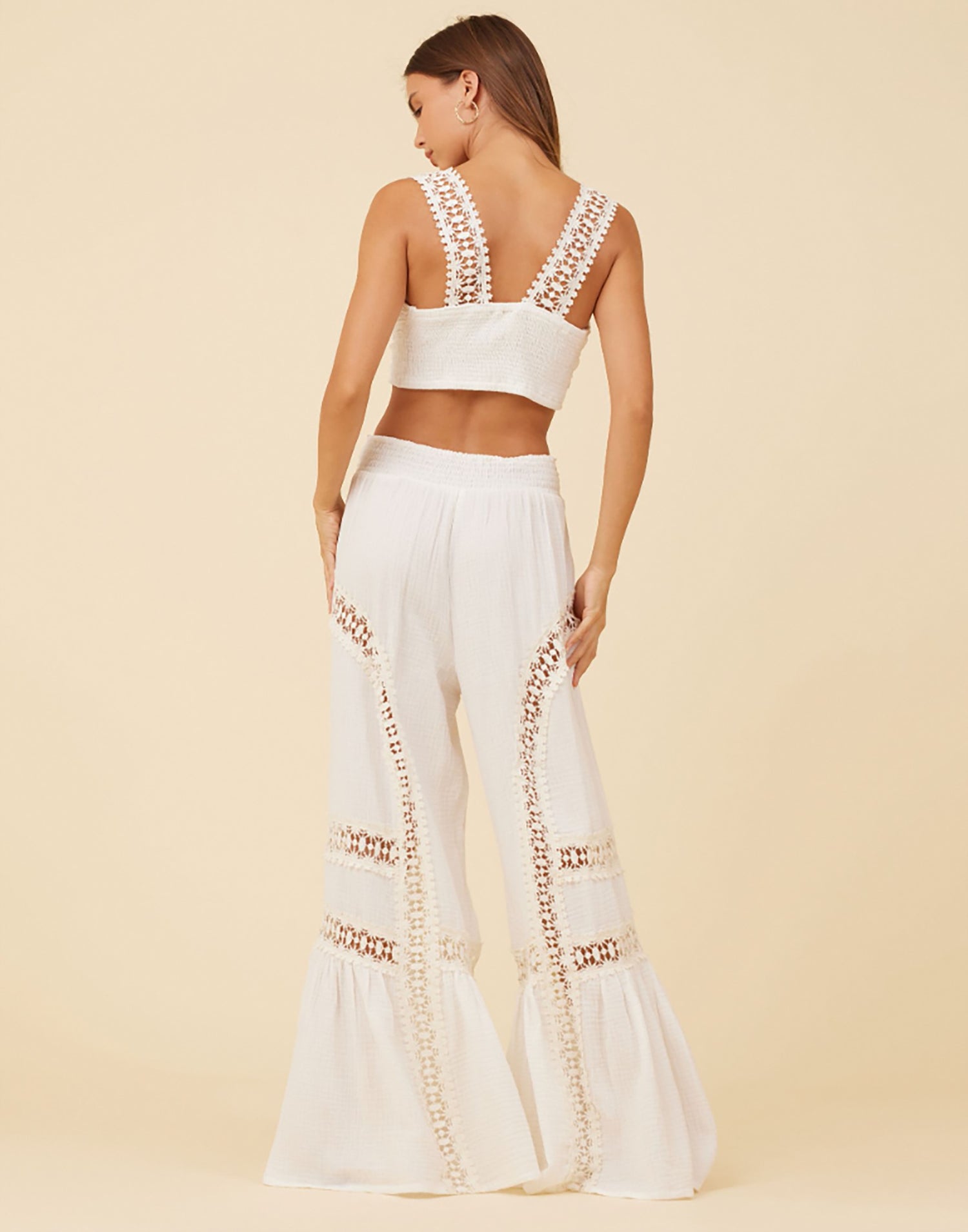 Gauze with Crochet Trim Tie Front Crop Top by Surf Gypsy in White - Back View