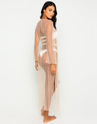 Late Night Pearl Mesh Cardigan in Nude with Rhinestone/Pearl Detail - Alternate Back View