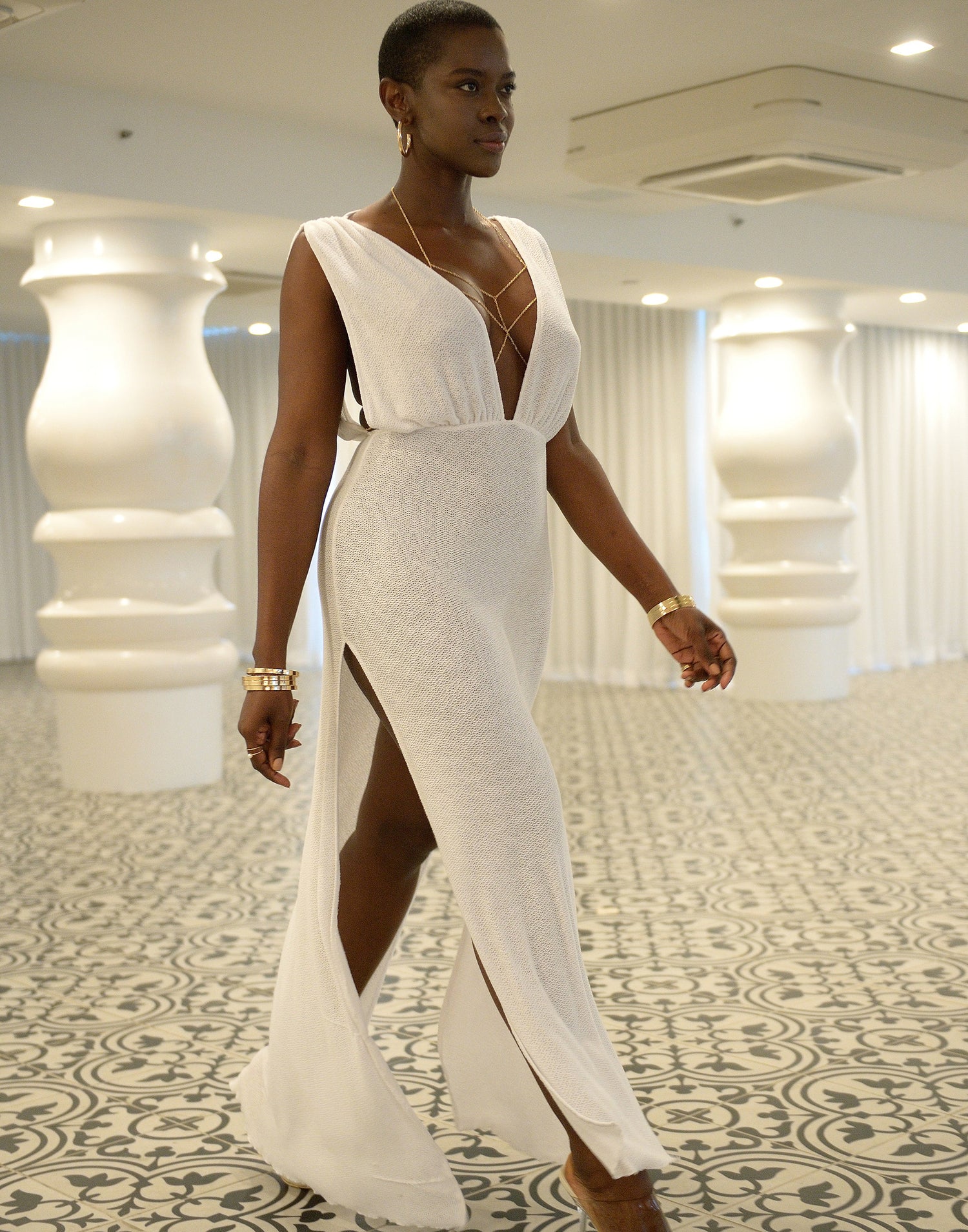 Annika Beach Cover Up Maxi Dress in White - Angled View / Summer 2021 Miami Runway Show