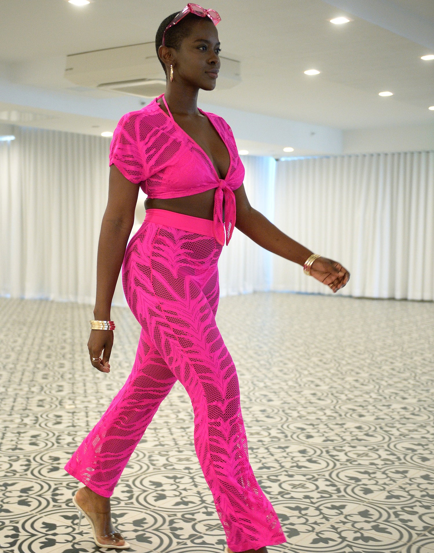 Miller Cover Up Pant in Neon Pink - Angled View / Summer 2021 Miami Runway Show 