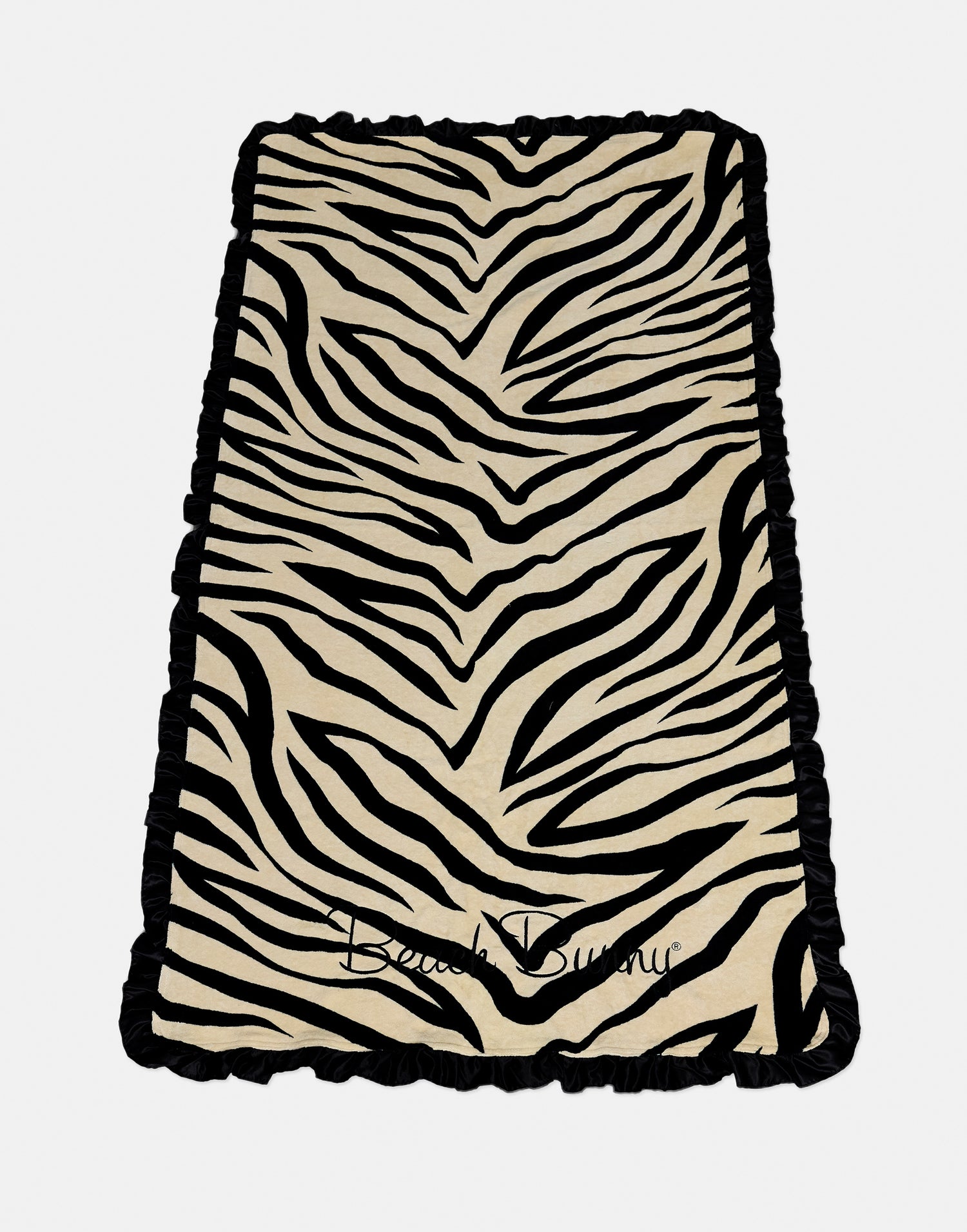 Black/Nude Tiger Beach Towel with Black Ruffle Trim - Product View